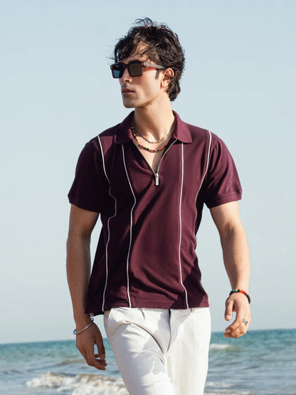 Burgundy cotton polo shirt with vertical piping and front zipper