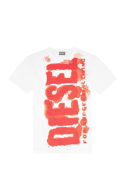 Diesel off-white crewneck T-shirt with red graphic block print, front view.