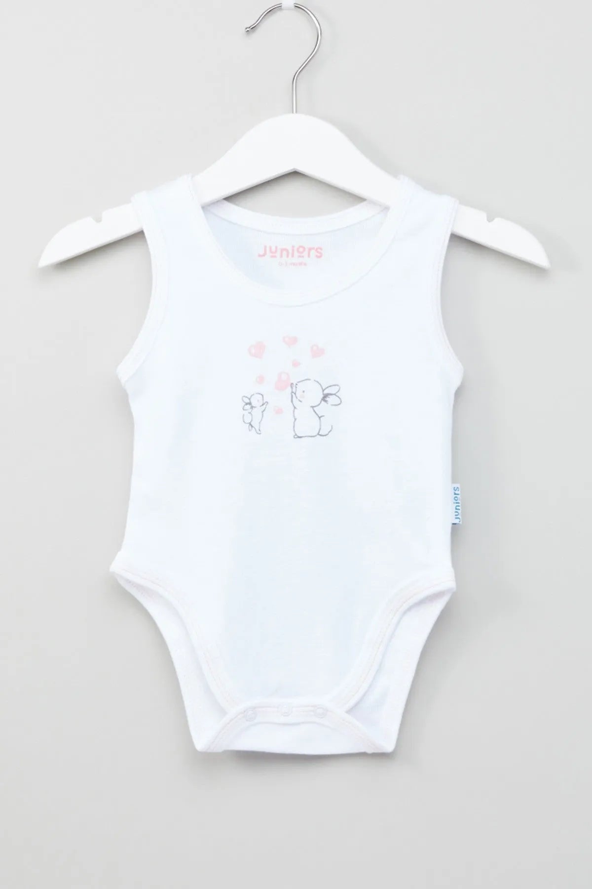 White sleeveless baby bodysuit with bunny graphic, crew neck, snap-button bottoms
