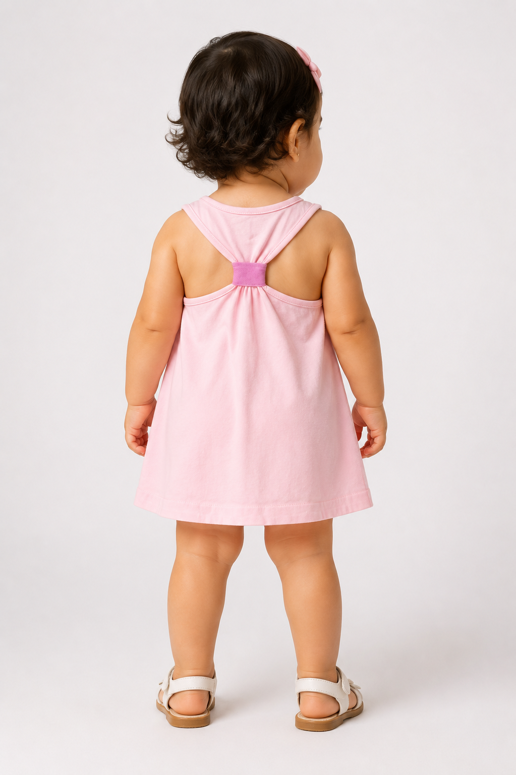 Pink sleeveless baby dress back view with crisscross tie detail