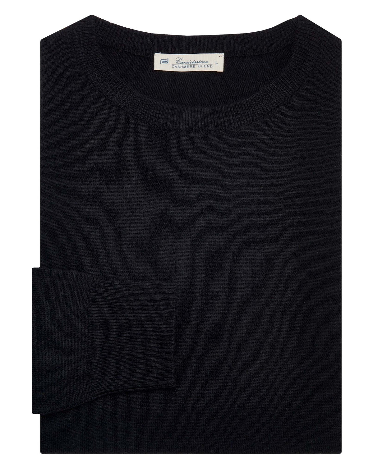 Black crewneck knit sweater with ribbed neckline and visible brand label