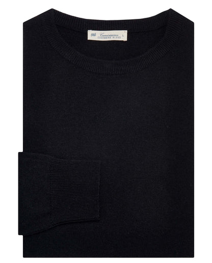 Black crewneck knit sweater with ribbed neckline and visible brand label