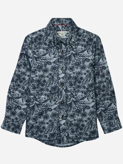 Grey cotton button-up shirt with dark leaf print, long sleeves, red buttons and trim