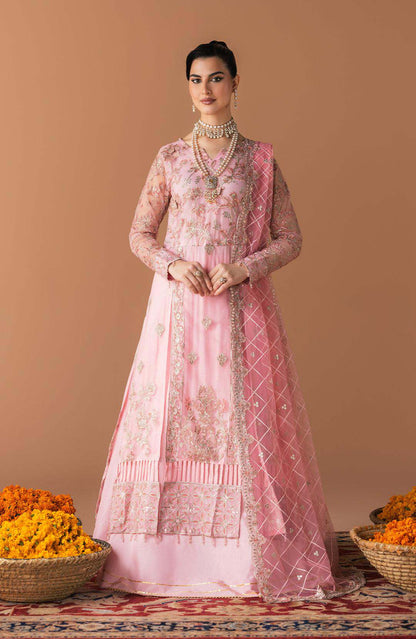 Pink stitched long kurta dress with floral print; sheer dupatta with diamond pattern