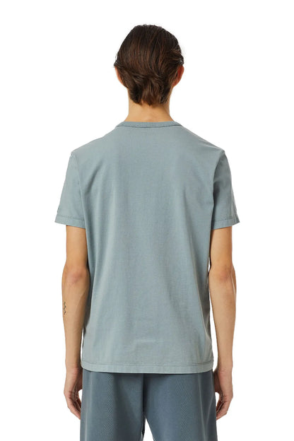Grey-blue crewneck T-shirt, short sleeves, back view