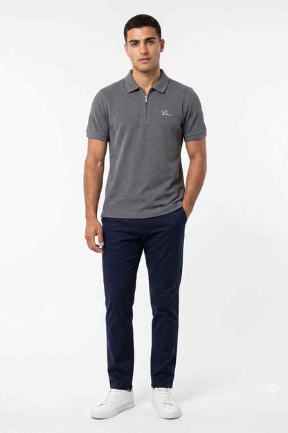 Men's charcoal polo shirt with zip placket, short sleeves, chest logo