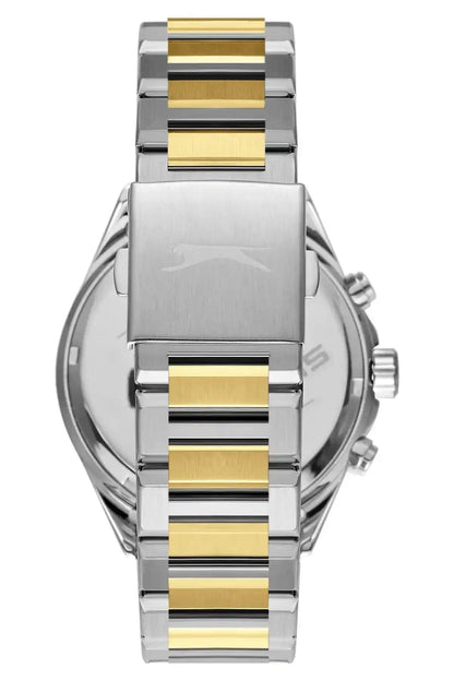 SLAZENGER stainless steel watch case and bracelet with gold stripe links, back view