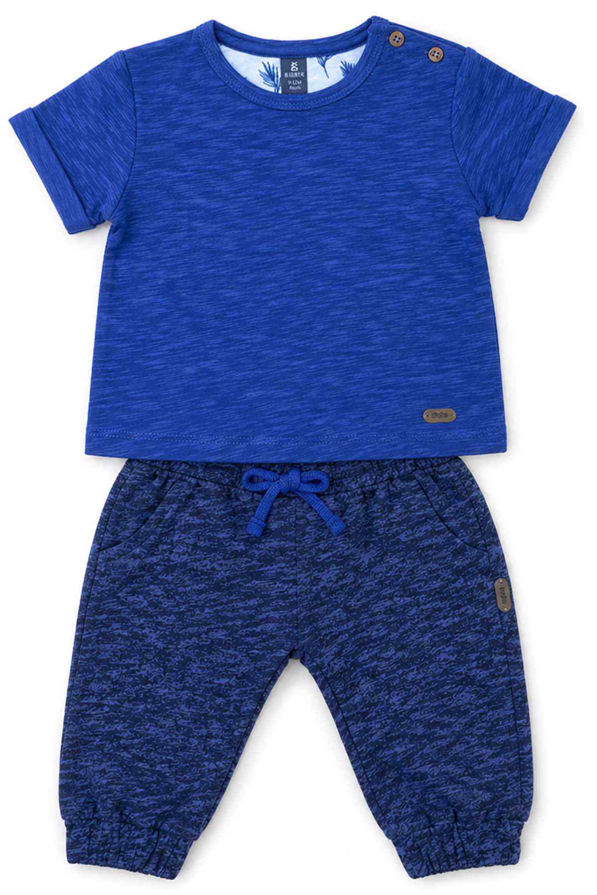 Blue baby T-shirt and heather jogger set, drawstring waist with button detail