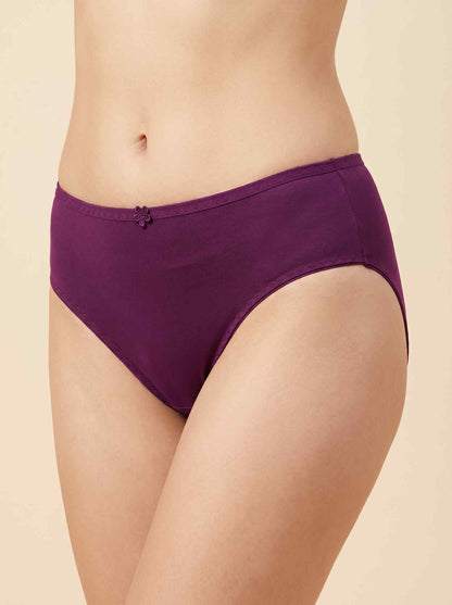 Women's purple hipster briefs, angled view with smooth front and side seam