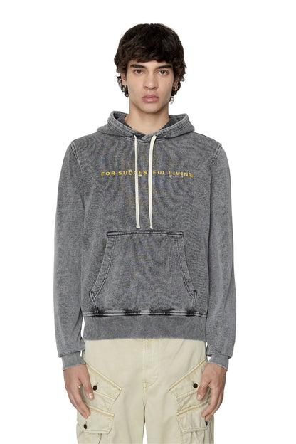 Diesel grey pullover hoodie with kangaroo pocket, white drawstrings, and yellow chest text