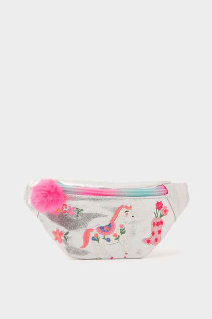 Kids unicorn print belt bag with pink pom pom and rainbow zip