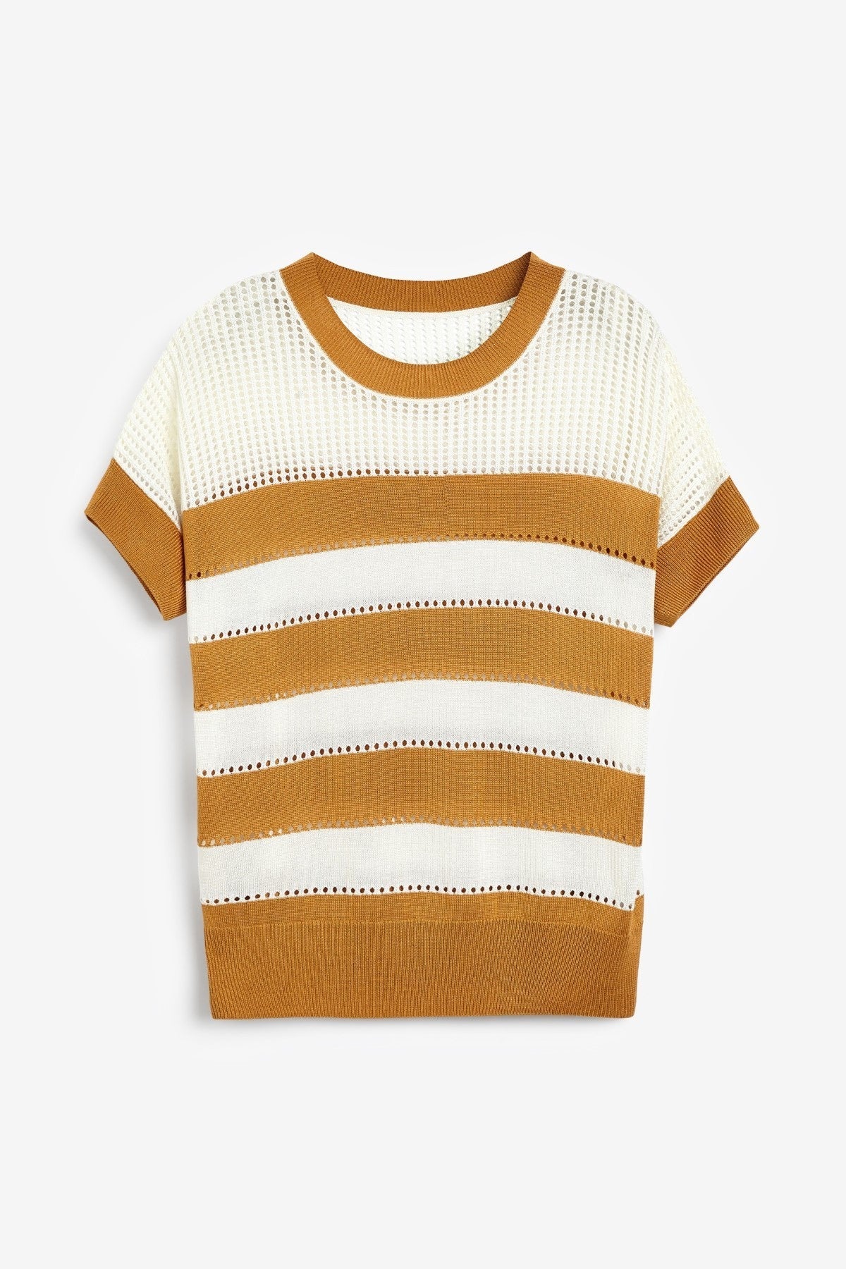 Ochre and white striped knit T-shirt with crew neck, short sleeves