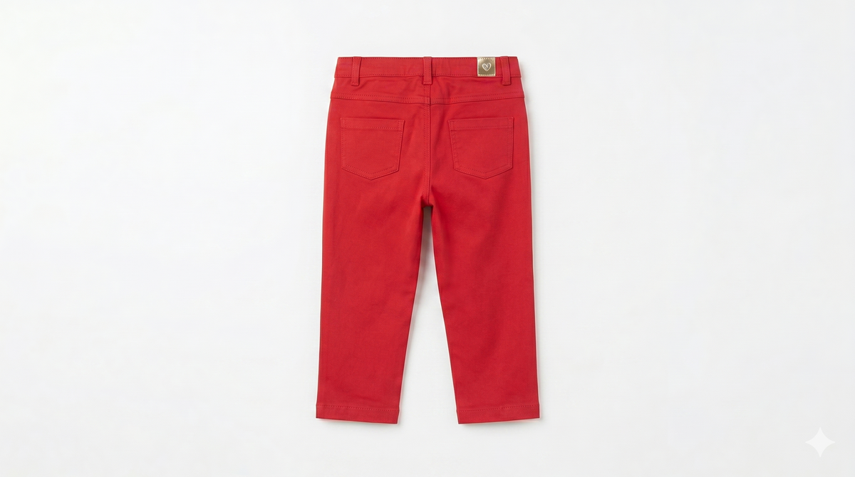 Red baby pants with two back pockets and button closure