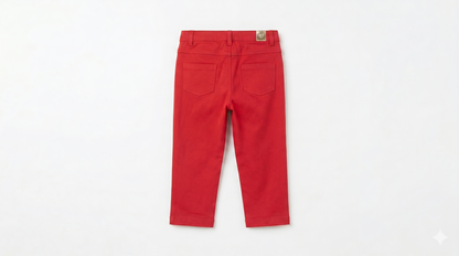 Red baby pants with two back pockets and button closure