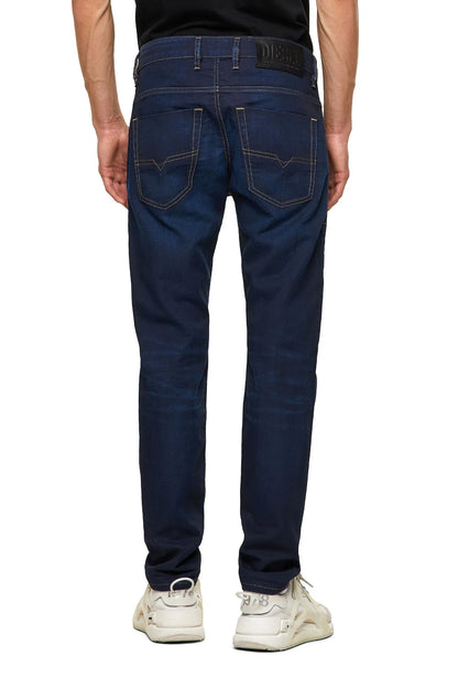 Blue denim jeans, straight fit with contrast stitching and five-pocket styling
