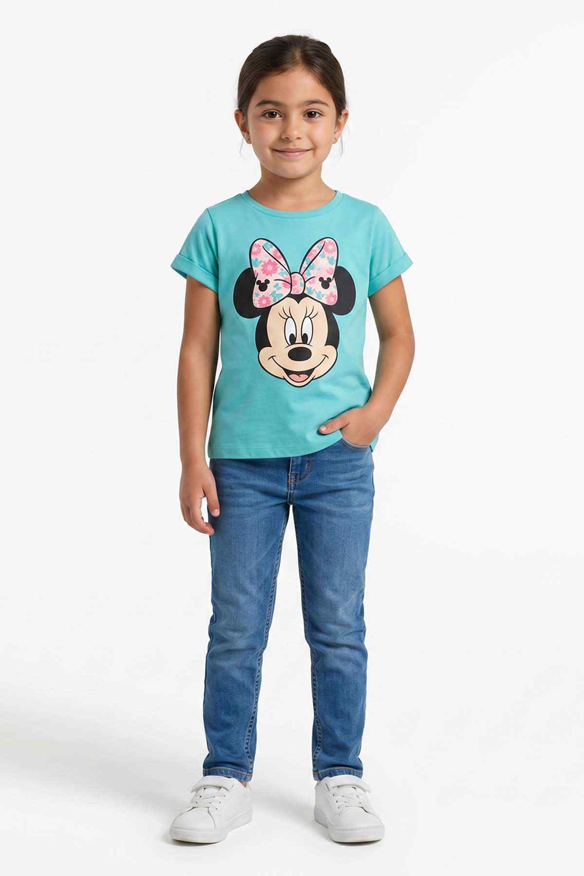 Kids turquoise T-shirt with cartoon mouse face and bow print, crew neckline