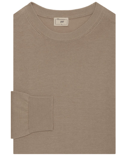 Taupe brown crewneck knit top, ribbed neckline and visible sleeve cuff detail