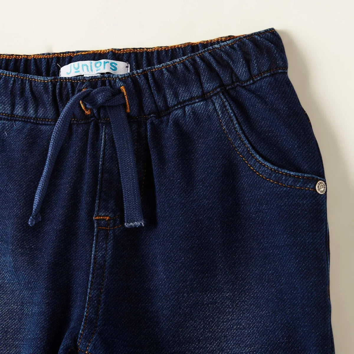 Blue denim baby pants waistband with drawstring and logo, side pocket