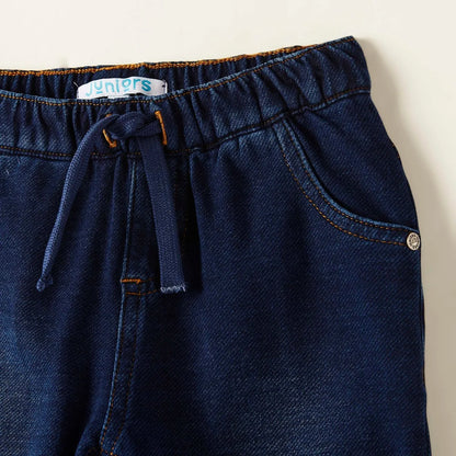 Blue denim baby pants waistband with drawstring and logo, side pocket