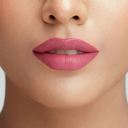 Conatural velvet lipstick on lips, vivid rose-pink matte finish