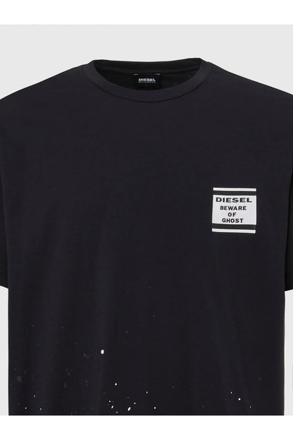 Black T-shirt with chest logo patch and white paint speckle detail