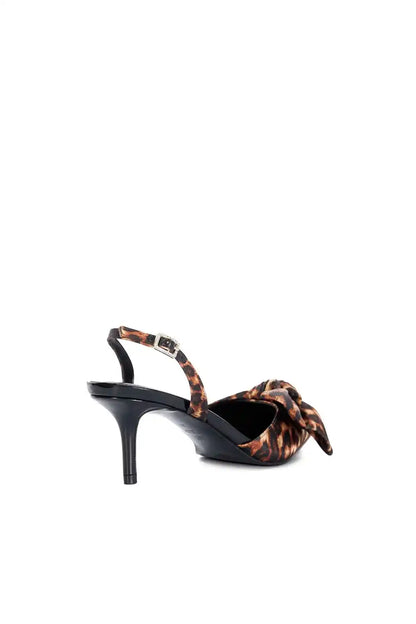Leopard-print slip-on heeled sandal with bow-tie vamp and black stiletto heel
