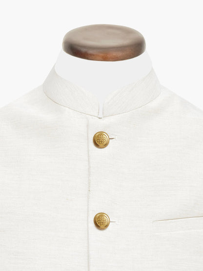 Linen-viscose sleeveless vest with stand collar and gold button details