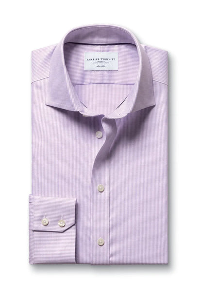 Purple dress shirt flat lay with button front, collar, and cuff