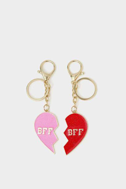 BFF heart keychain charms, pink and red glitter split-heart lettering
