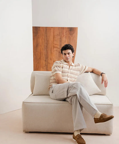 Fitted short-sleeve knit button-up shirt, cream tan stripe pattern