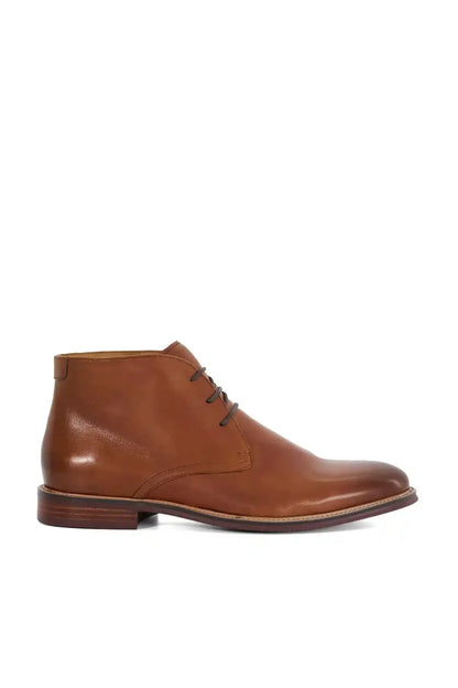 Tan brown leather lace-up ankle boots on side view with low heel
