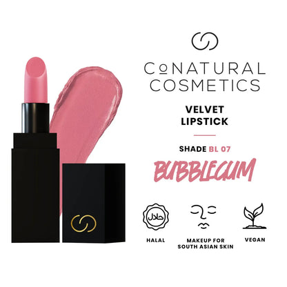 Conatural velvet lipstick, Shade BL 07 Bubblegum, pink swatch and tube