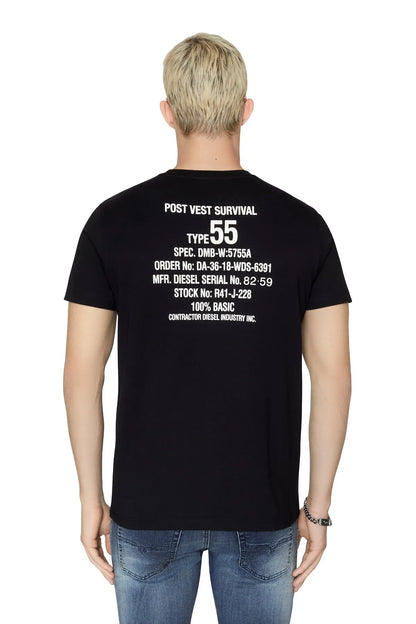 Men's black crewneck T-shirt with large back text Type 55 graphic