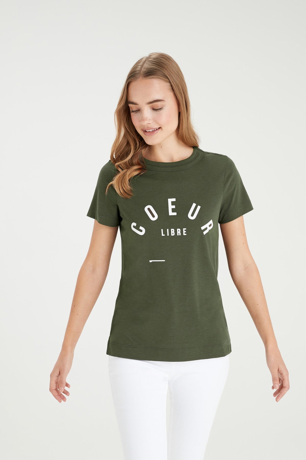 Women’s dark green graphic T-shirt, short sleeves, crew neck, front slogan print