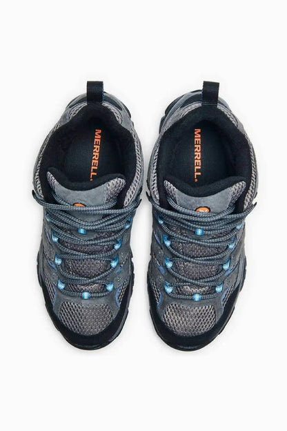 Merrell granite hiking shoe pair, top view showing blue laces and tongue logo
