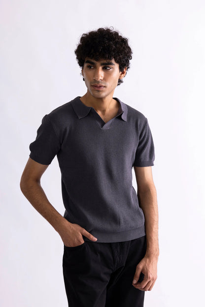 Men’s charcoal gray knit polo shirt with short sleeves and ribbed collar