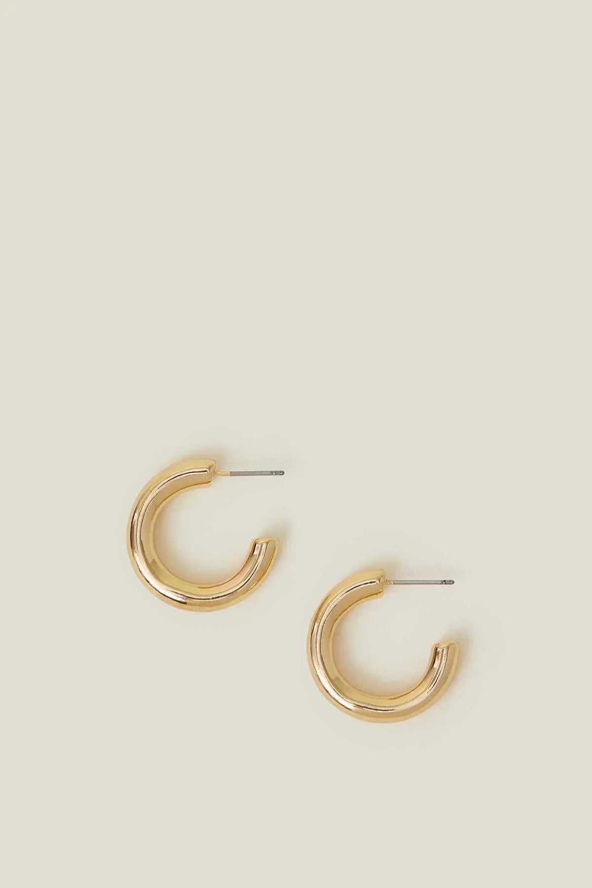 Gold hoop earrings, angled front view with post backs
