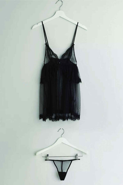 Black lace chemise and thong shown on separate hangers