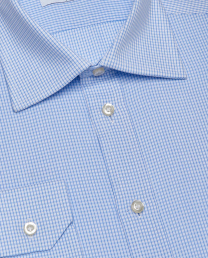 Light blue micro-check dress shirt with button-down collar and front buttons