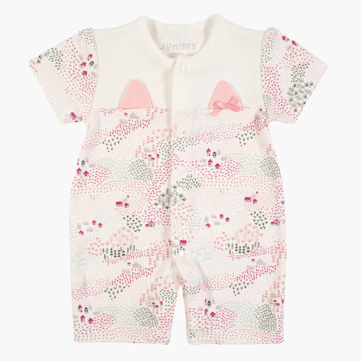 Babyshop baby romper, pink and gray house pattern, short sleeves, snap-button front
