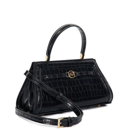 Black croc-embossed handbag with top handle and crossbody strap, gold-ring clasp