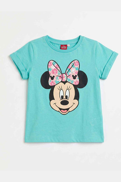 Kids turquoise T-shirt with colorful bow and cartoon mouse face graphic