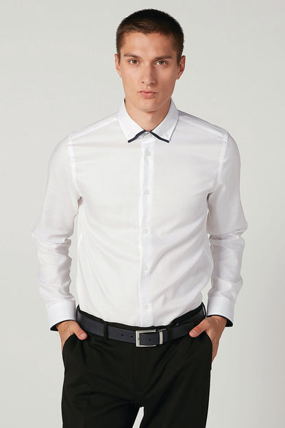Men's white dress shirt with button front and point collar
