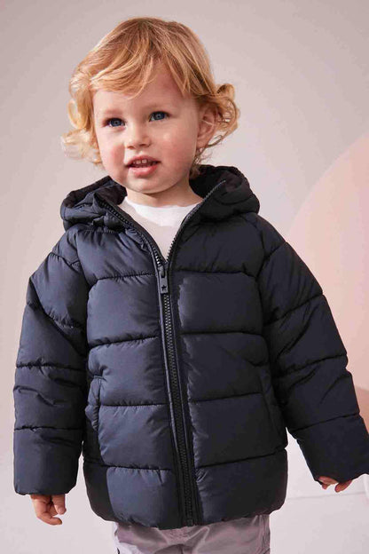 Charcoal gray hooded puffer jacket with full-length zipper
