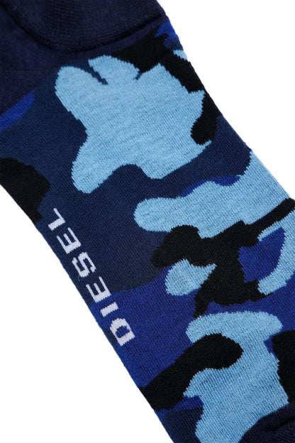 Diesel ankle sock close-up, blue camo pattern with DIESEL logo