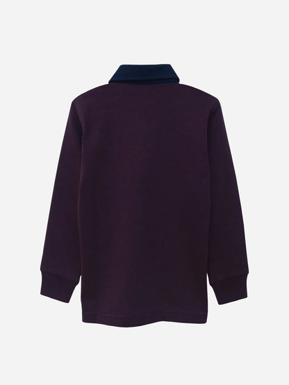 Purple cotton long-sleeve polo shirt back view with navy collar