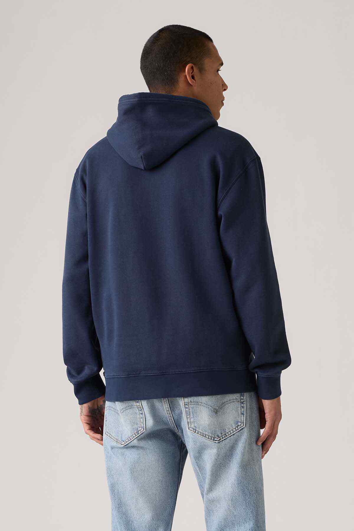Levi's navy zipless hoodie with hood and kangaroo pocket, back view
