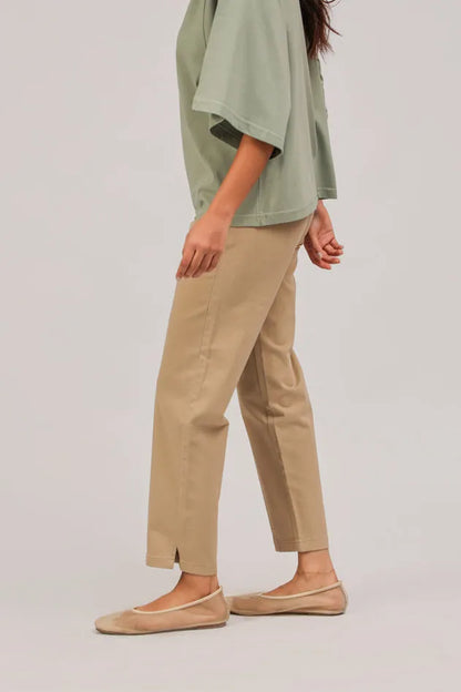 MILES cropped pants in sand, side view with belt loops and front seam