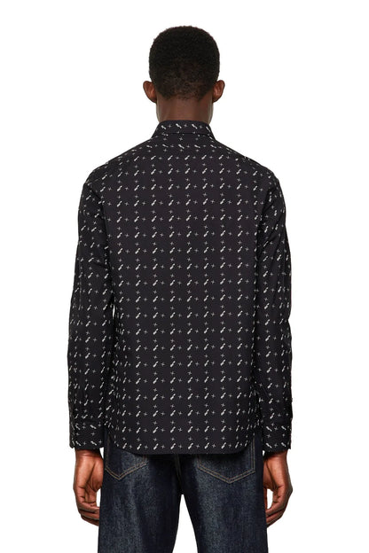 Men's black Diesel patterned button-up shirt back view with long sleeves