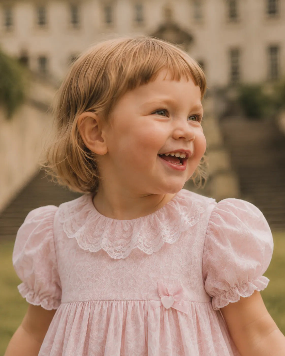 Light pink toddler dress with lace collar and puff sleeves, gathered waist